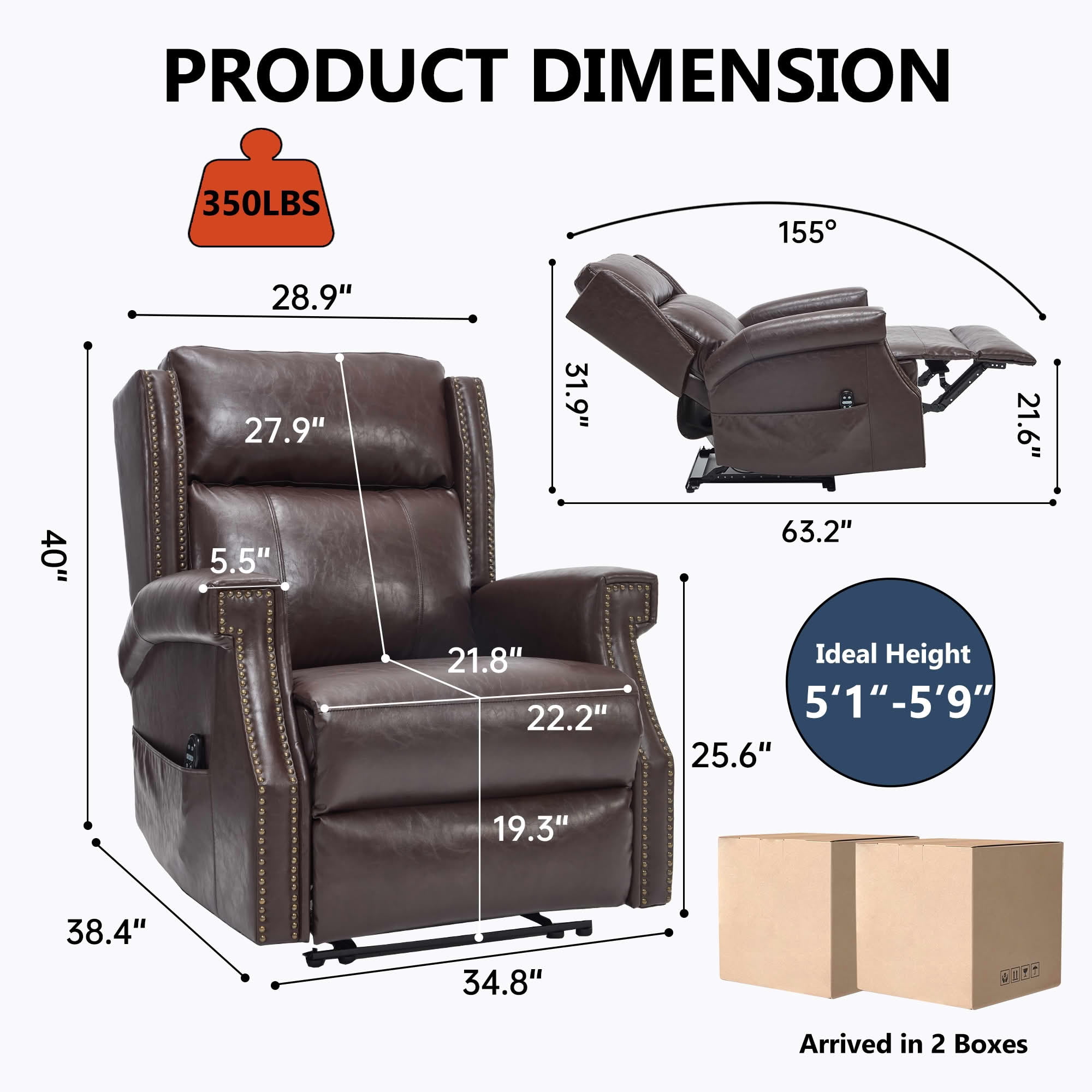 MAYEERTY Antique Brown Faux Leather Manual Recliner Chair, 8 Nodes Massage Heat 155° 35"x38"x40" for Living Room
