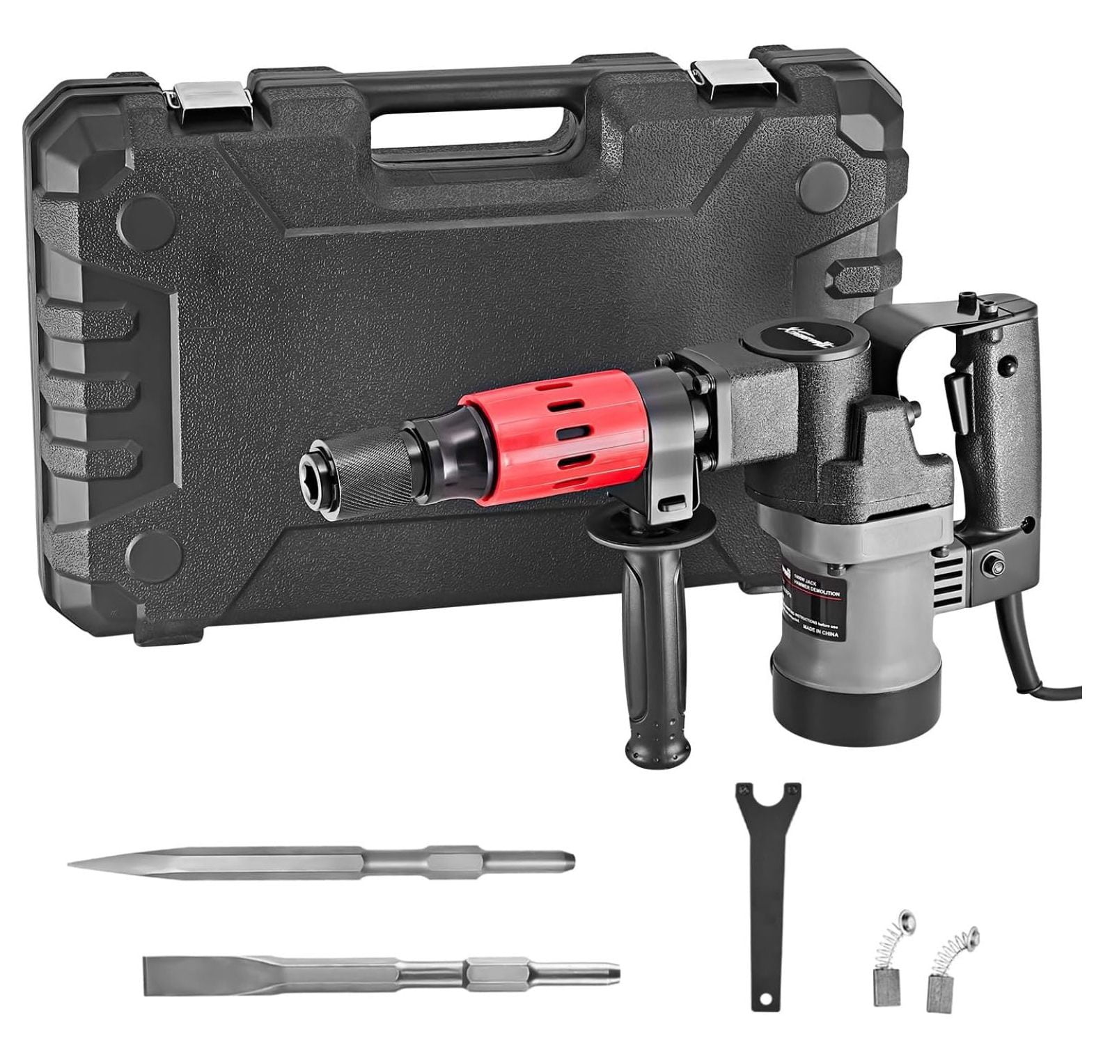 1000W Demolition Electric Hammer Jack Hammer Concrete Breaker Flat and Point Chisel Bits with Case