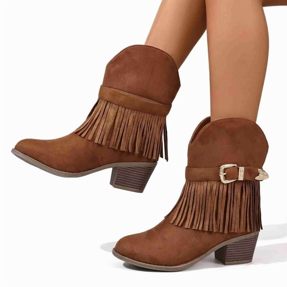 Women's Fringe Western Ankle Boots, Round Toe Cowboy Boots Block Heel Booties