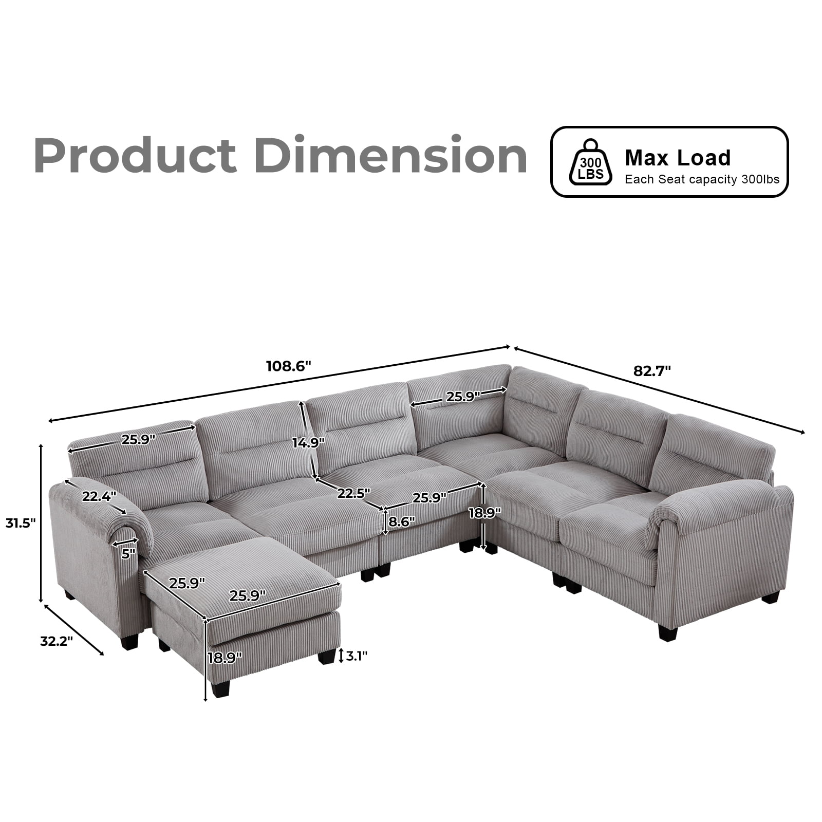Bonzy Home Modular Plush Convertible Sectional Sofa with Ottoman, Gray