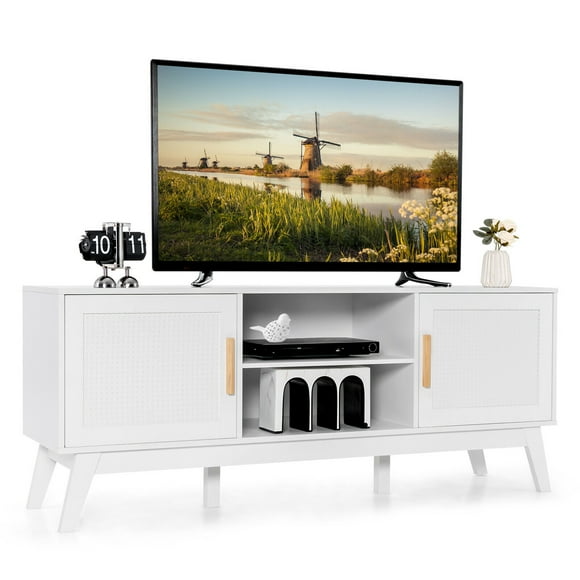 Gymax TV Stand Entertainment Media Console w/ 2 Rattan Cabinets & Open Shelves