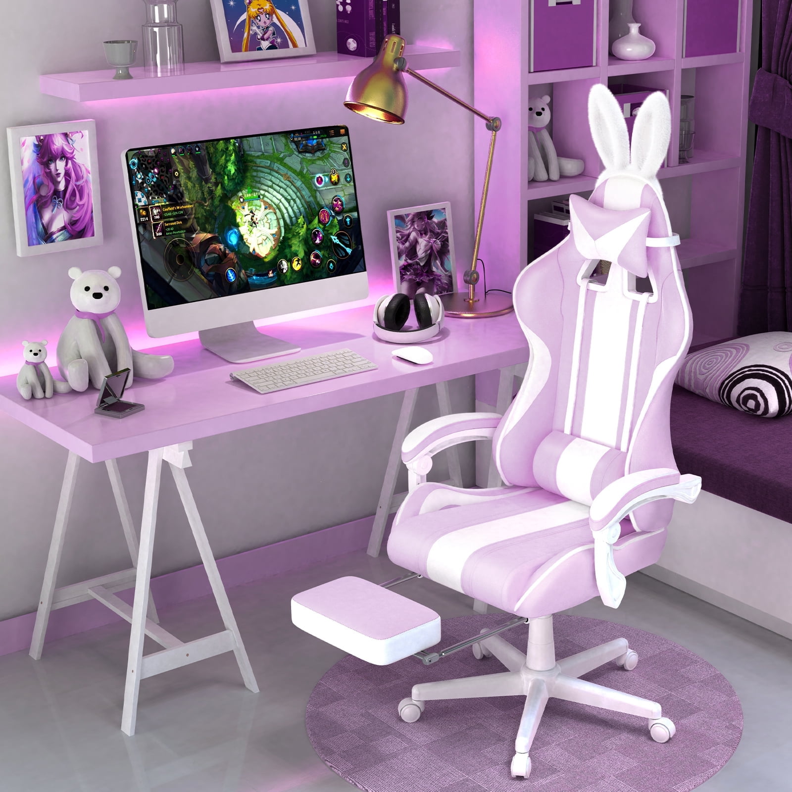 SOONTRANS Purple Gaming Chair, High Back Gamer Chair with Footrest for Adult Girl, Reclining Adjustable Game Office Chairs Massage Pillows