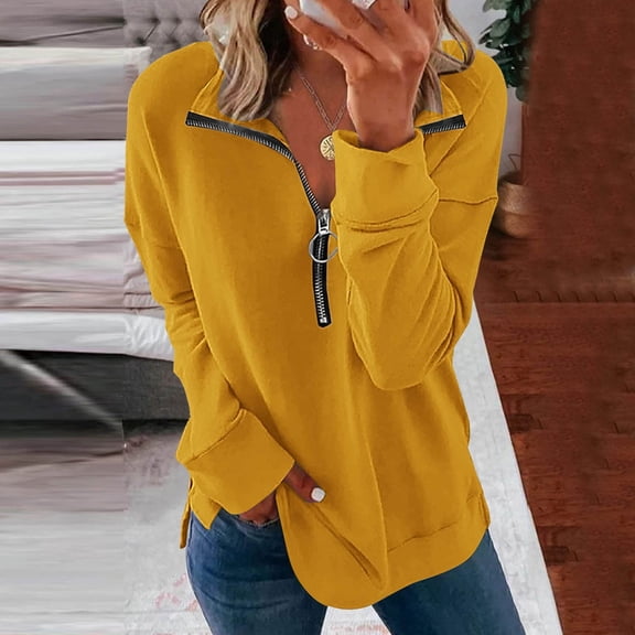 VALMASS Oversized Sweatshirt for Women Half Zip Lapel Neck Long Sleeve Sweatshirt Loose Solid Pullover Top (XL, C Yellow)