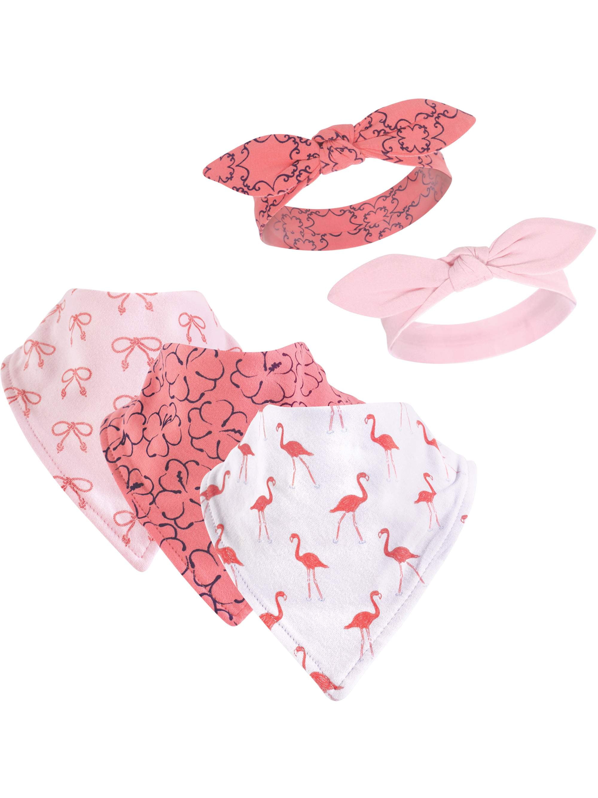 Yoga Sprout Baby Girl Cotton Bandana Bibs and Headbands 5pk, Flamingo, One Size