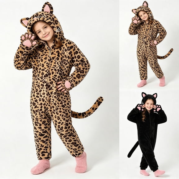 Faraee Kids Halloween Funny Pajamas 2-10 Years Flannel Fleece Black Leopard Hood Cat Costume Girls Boys Animal Cosplay Party One Piece Romper 2T 3T 4T 5T 6T
