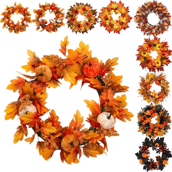 Fall Wreath for Front Door, Artificial Pumpkin Maple Leaf Wreath, Fall Decorations for Holiday Harvest Thanksgiving Fall Decor