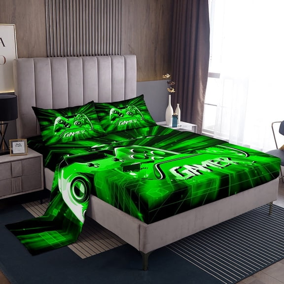 Erosebridal Green Gamer Sheet Set Twin,Geometric Buffalo Bedding Sets Twin Size,Video Game Twin Sheet Sets,Microfiber Gamepads Bedroom Decorative,3pcs