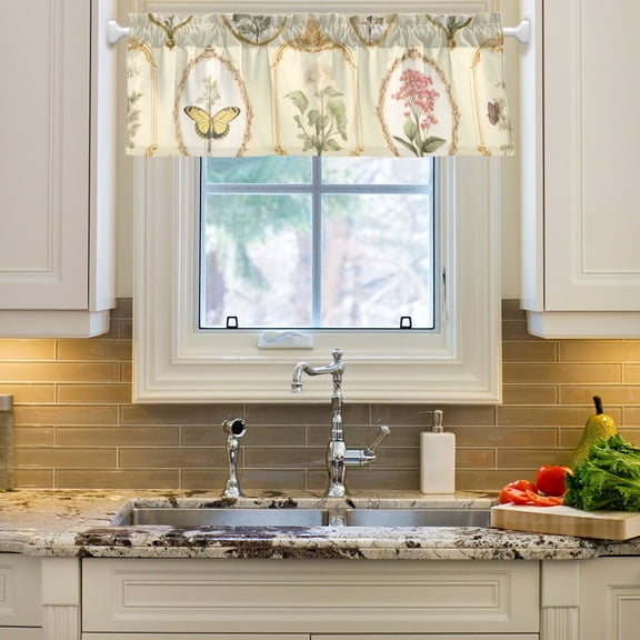 Flowers Butterflies Framework Curtain Valances Farmhouse Design Window Treatment Decor Blackout Rod Pocket for Windows Living Room Kitchen 54" x 18"