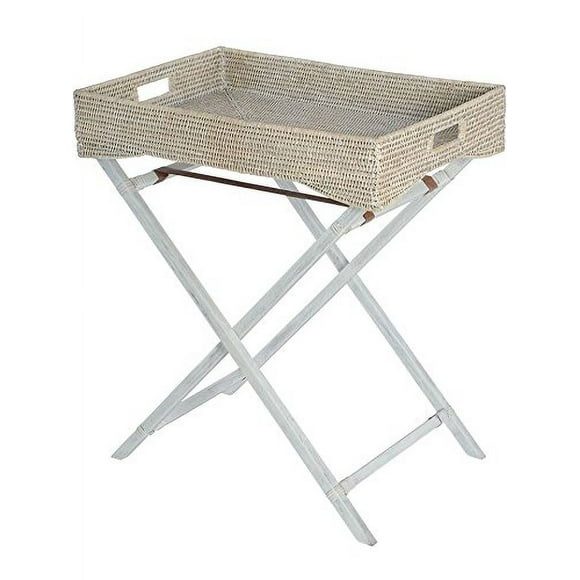 KOUBOO La Jolla Rattan Butler Tray with Folding Wood Stand, White Wash