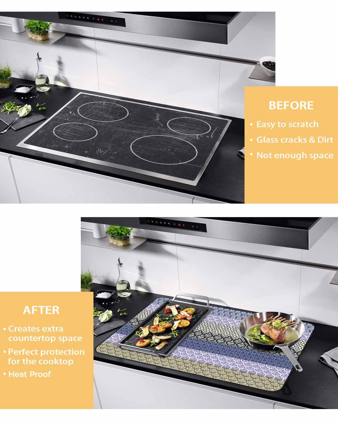 nqOlkjepod Large Induction Cooktop Protector Mat 24"x21", Boho Purple Stove Top Covers for Electric Stove, Navy Geometric Stripes Tribal Black Bohemia Stove Burner Cover Mats, Glass Top Stove Cover