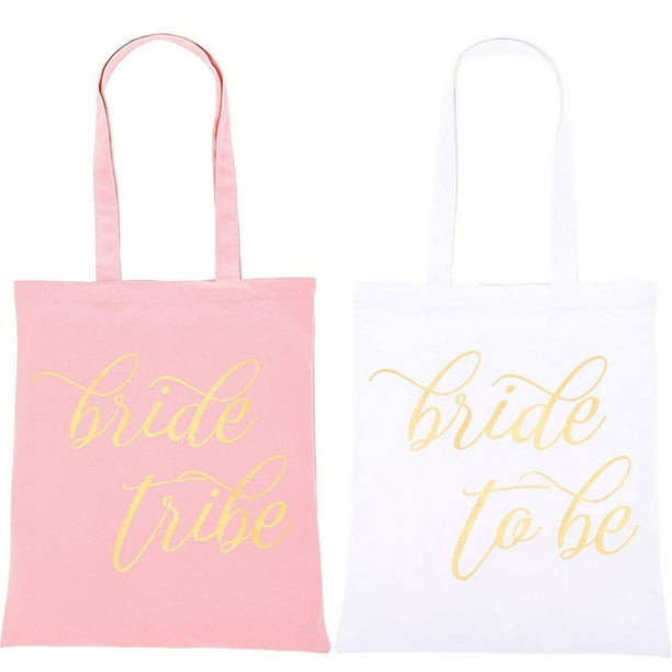 Bridal Party Bags 5Pack Canvas Tote Bags, 1 Bride to Be and 4 Bride Tribe in Gold Foil, 100