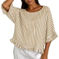 thumbnail image 6 of Miluxas Womens Striped Shirts Batwing Half Sleeve Round Neck Loose Tunic Shirts Cute Ruffle Trim Beach Vacation Outfits for Casual Summer Beige, 6 of 8