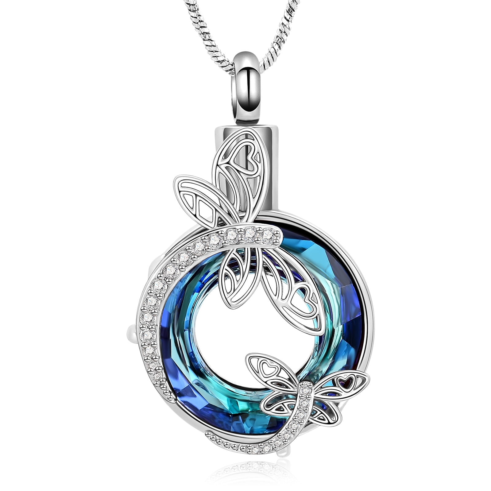Dragonfly Urn Necklaces for Ashes Circle Crystal Stainless Steel Memorial Keepsake Pendant Cremation Jewelry for Women Men