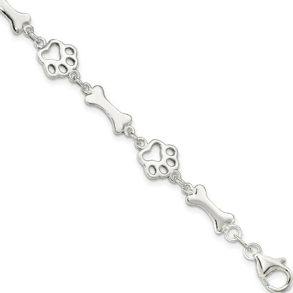 Sterling Silver Rhodium-Plated Dog Bones And Paws Bracelet (Width 9) (Length 8.5) - Jbsp