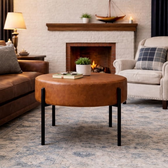 Modern Round Ottoman, Home Decor Upholstered Velvet Foot  Carmel Faux Leather Small