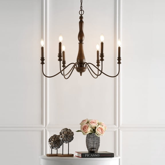 JONATHAN Y Victoria 29" 6-Light Rustic Mid-Century Iron LED Chandelier, Brown, JYL7597A