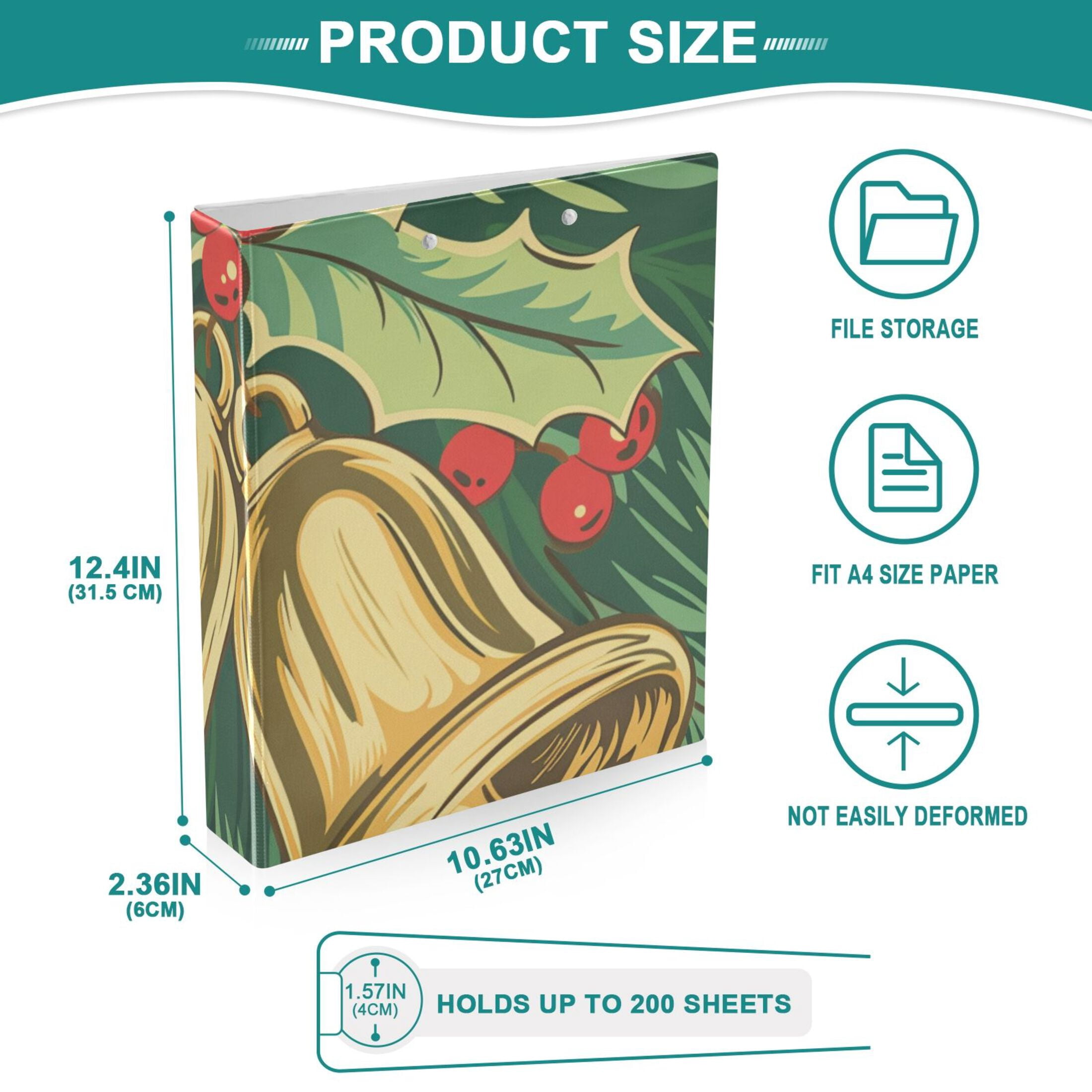 Christmas Bells and Holly Berries 3 Ring Binders 1.5 inch Hardcover File Folders with Interior Pockets A4 Size Organizer for School Office Hospital