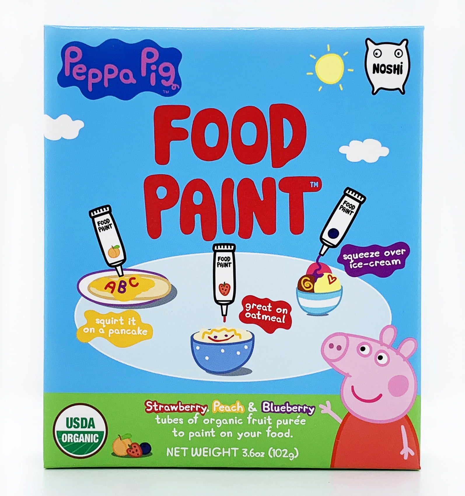 Noshi Edible Organic Peppa Pig Food Paint: Strawberry, Peach & Blueberry Fruit Puree, 3.6oz. Goes Great On Pancakes, Waffles, Oatmeal, Ice Cream, Toast