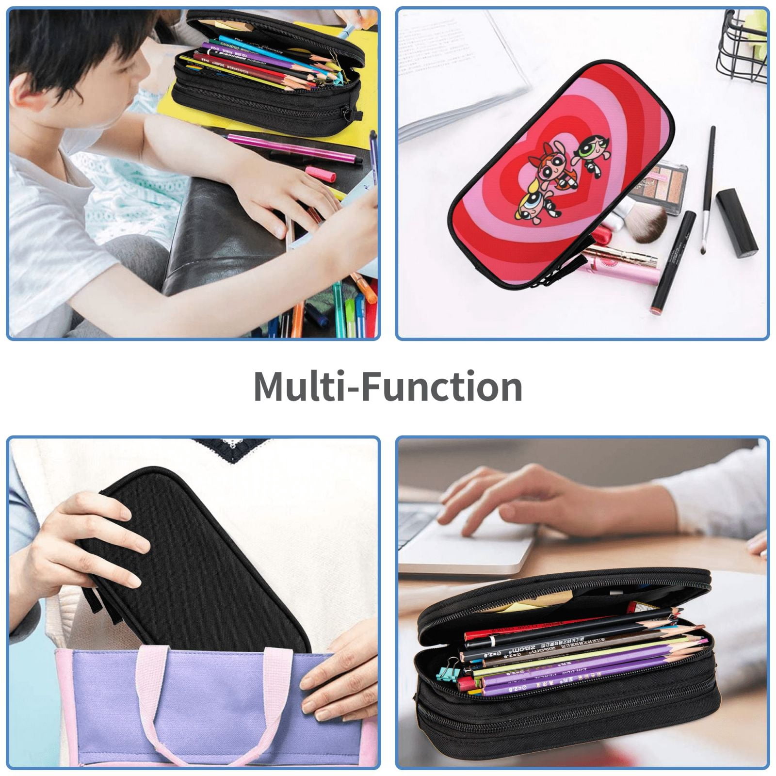 The Powerpuff Gi-rls Pencil Case Large Capacity Pencil Pouch Penbag Office Stationery Organizer Travel Makeup Bag Black