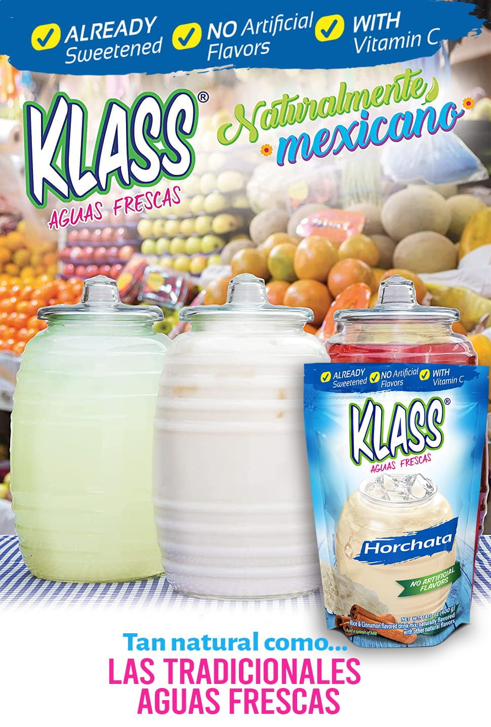 Klass Aguas Frescas Horchata, with Vitamin C, Multiserve, Powdered Drink Mix, 14.1oz