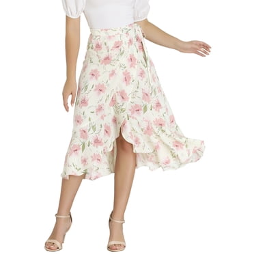 Allegra K Women's Floral Wrap Midi Skirt Asymmetrical Ruffle Tie Waist Skirts