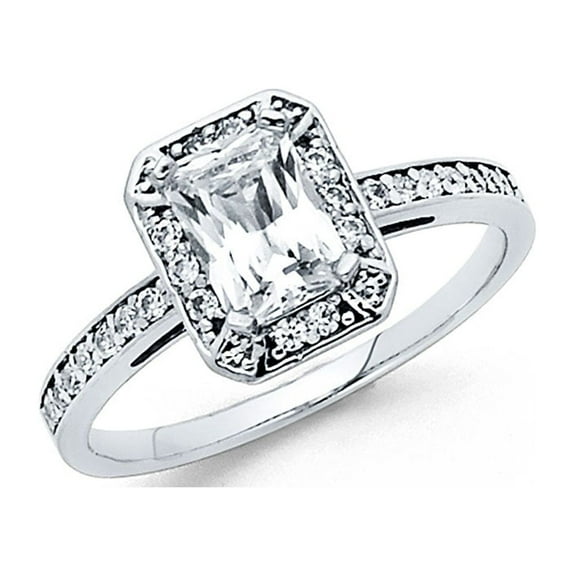 14k White Gold Emerald CZ Halo Engagement Ring Anniversary Solitaire CZ Band Round Side Stones Size 7