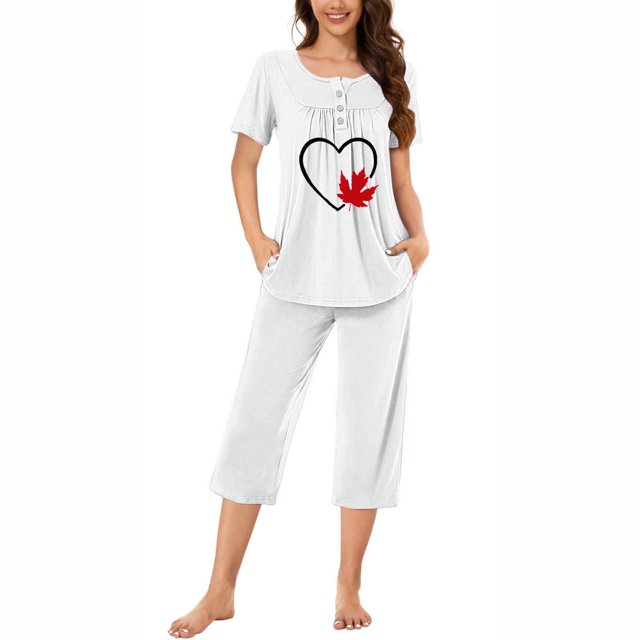 Qiopertar Ensemble de Pyjama à Manches Courtes et Col Rond pour Femmes avec Poches, Livraison Gratuite
