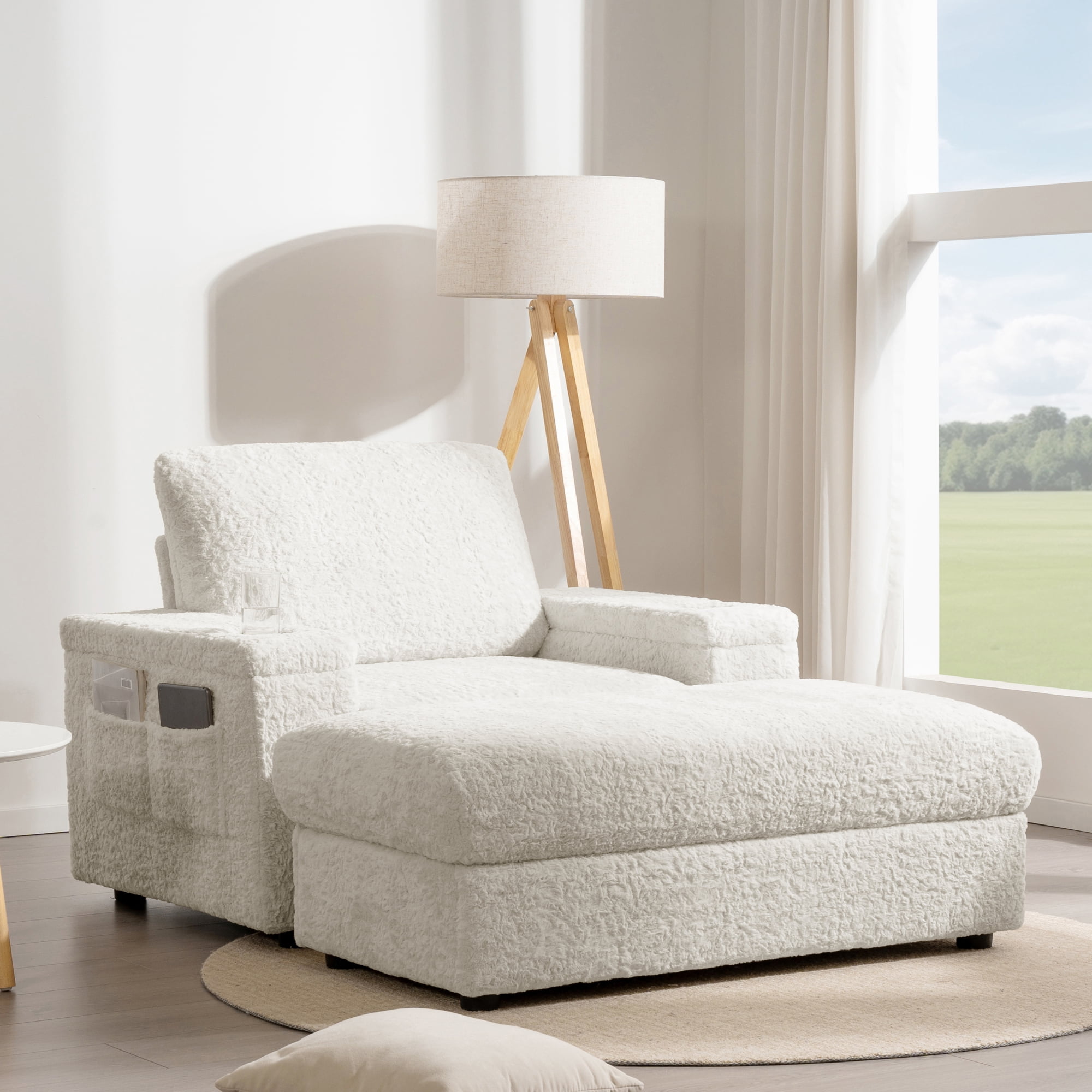 42" Oversized Chaise Lounge Chair Indoor,Upholstered Accent Chair Armchair with Storage Ottoman and Cup Holders, Reading Couch with Deep Seat for Living Room,Bedroom,Beige