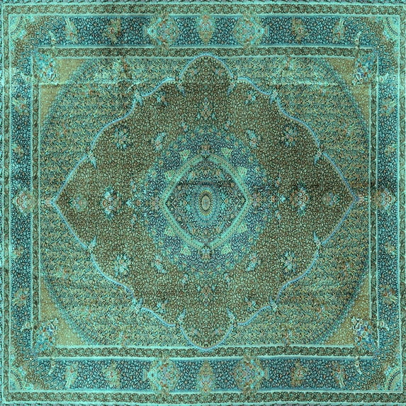 Ahgly Company Machine Washable Indoor Square Medallion Turquoise Blue Traditional Area Rugs, 6' Square