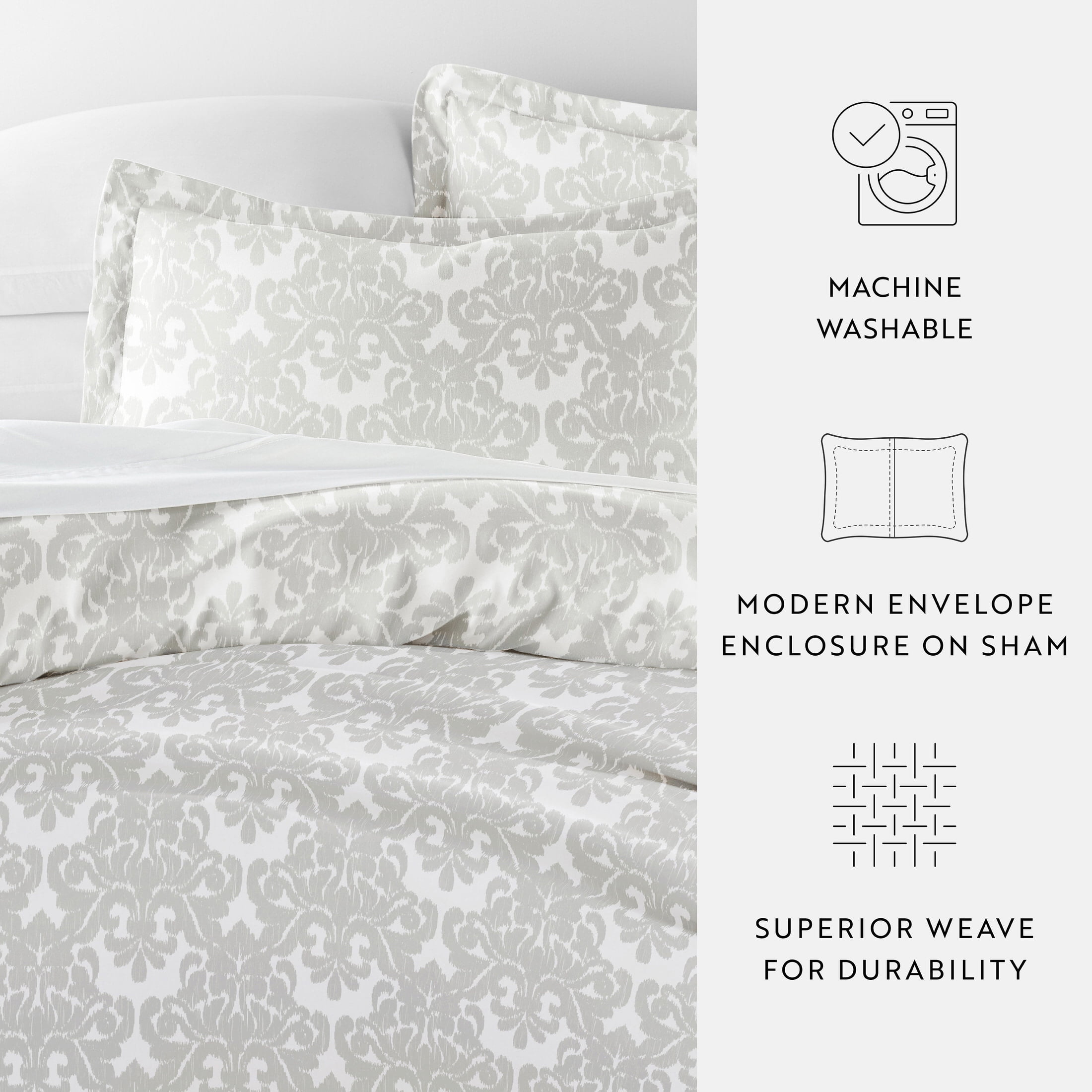 Noble Linens Light Gray Soft Damask Pattern 3-Piece Duvet Cover Set, King/Calking