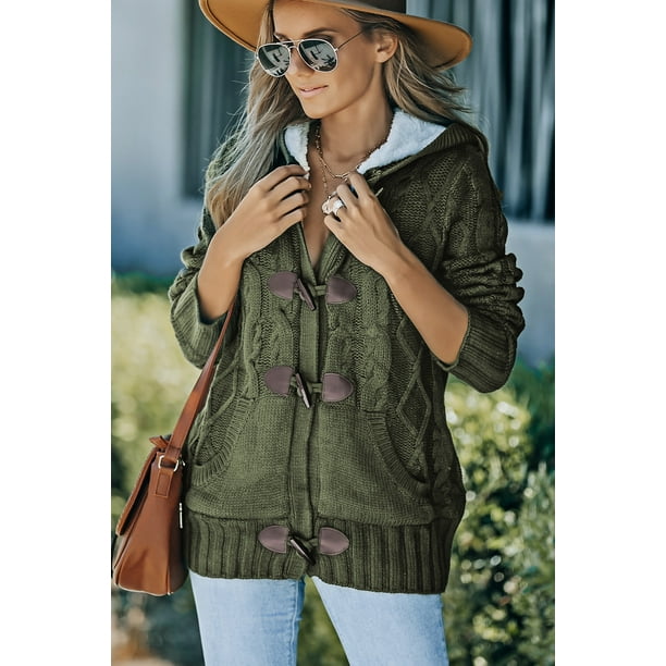 ABPHQTO Cardigan de sueter con boton de cuerno y capucha de pelo verde militar para mujer Walmart en linea