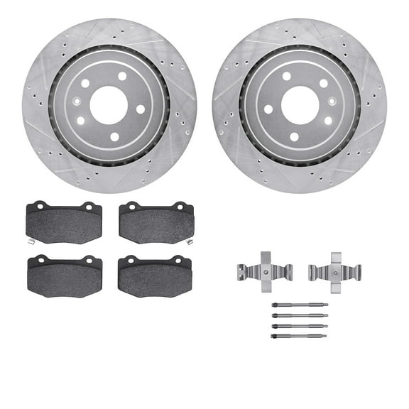 Dynamic Friction Company Rear Brake Rotors-Drilled and Slotted-Silver with 5000 Euro Ceramic Brake Pads includes Hardware 7612-47008
