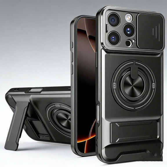 Magnetic For iPhone 15 Pro Max Phone Case,With Camera Cover,With 360°Rotatable Ring Holder,Heavy Duty Shockproof Anti-fall Drop Protection,With Contractile Kickstand,Durable Phone Case,Black