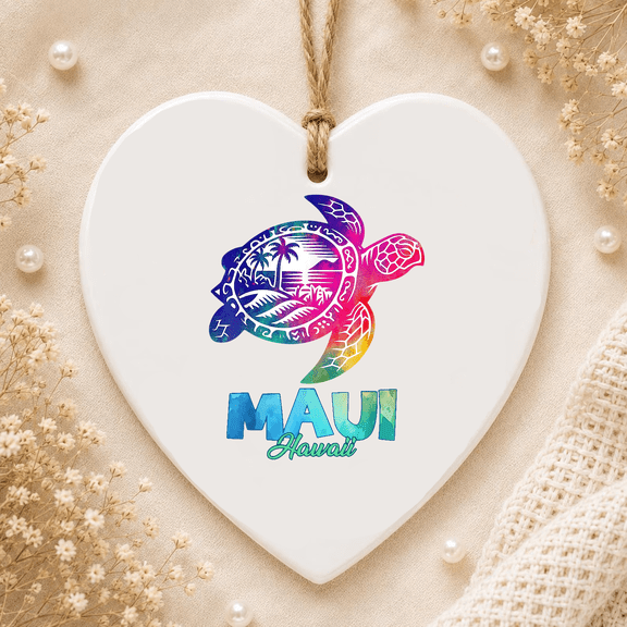 Maui Hawaii Turtle Tie Dye Summer Vacation Gifts Souvenir 2D FLAT HEART Ceramic Ornament