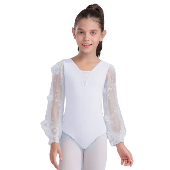 Aislor Girls Long Puff Sleeve Gymnastic Bodysuit Mesh 3D Flowers Embroidery Ballet Dance Leotard Ballerina Ivory 4