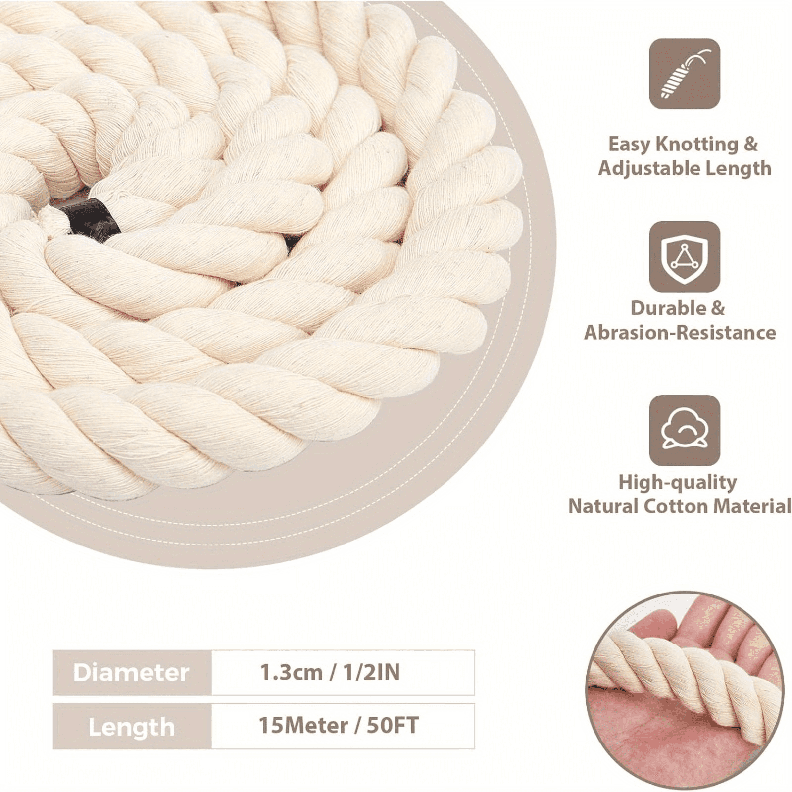 1/2" x 50FT,Natural 3-Strand Twisted Cotton Rope, Thick Braided Soft Macrame Cord for DIY Crafts, Home Decor, Plant Hangers & Outdoor Projects(White)