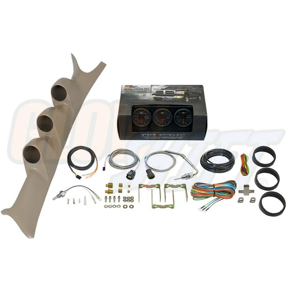 GlowShift | 1999-2007 Ford Super Duty 6.0 Powerstroke & 7.3 Powerstroke Tan Triple Pillar Pod with Black 7 Color Series 60 PSI Boost Gauge, 1500 Pyrometer EGT Gauge & Trans Temp Gauge