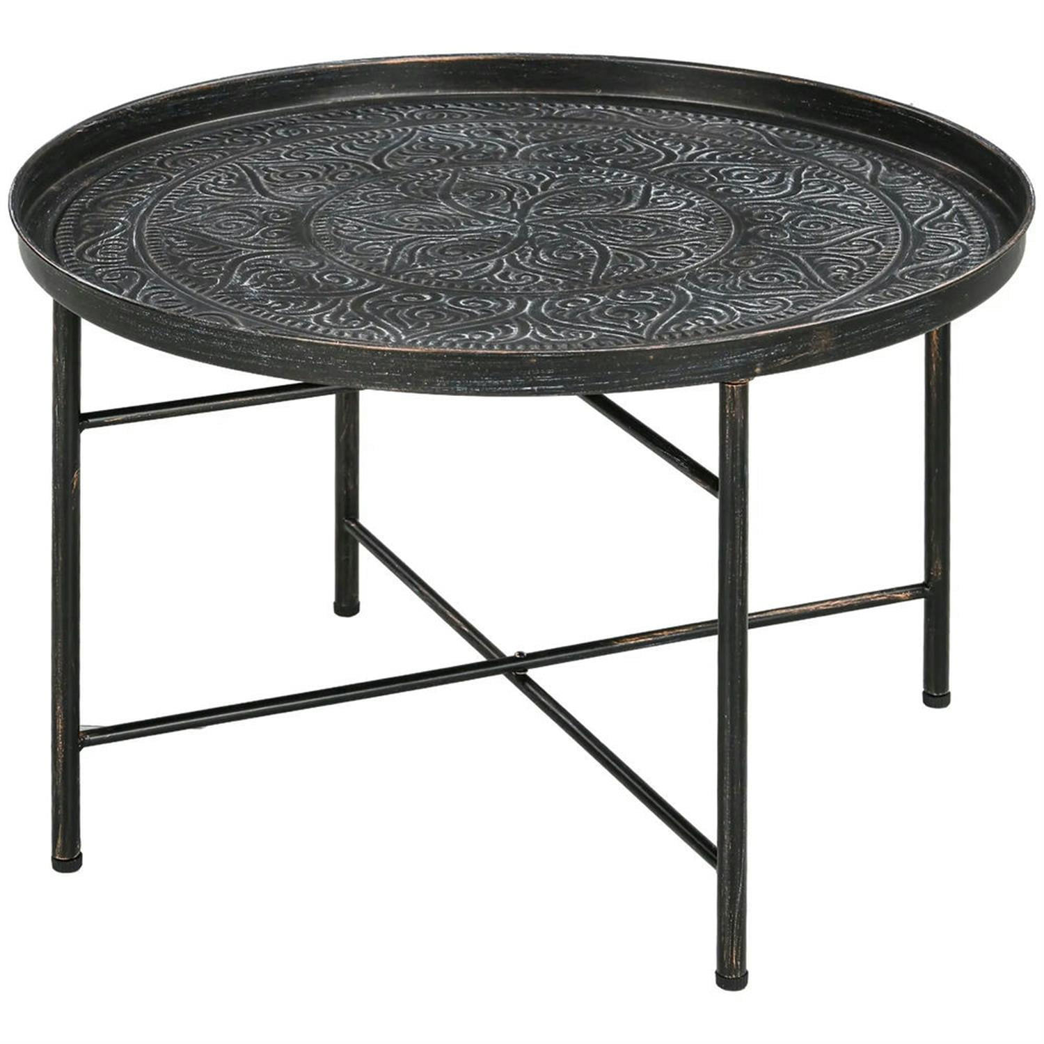 Demi Bonn 24" Round Living Room Coffee Table with Hammered Metal Frame, Pewter for Bedroom, Stylish Center Table, Gray