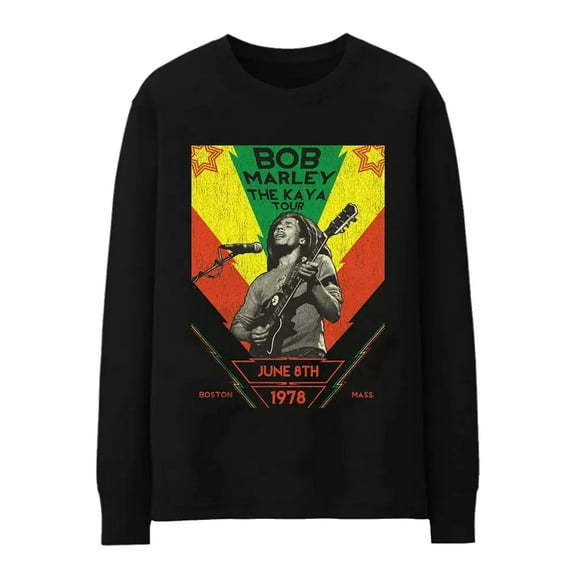 Bob Marley Men's Reggae Music "The Kaya Tour" Long-Sleeve Pullover Graphic Sweatshirt (Black)