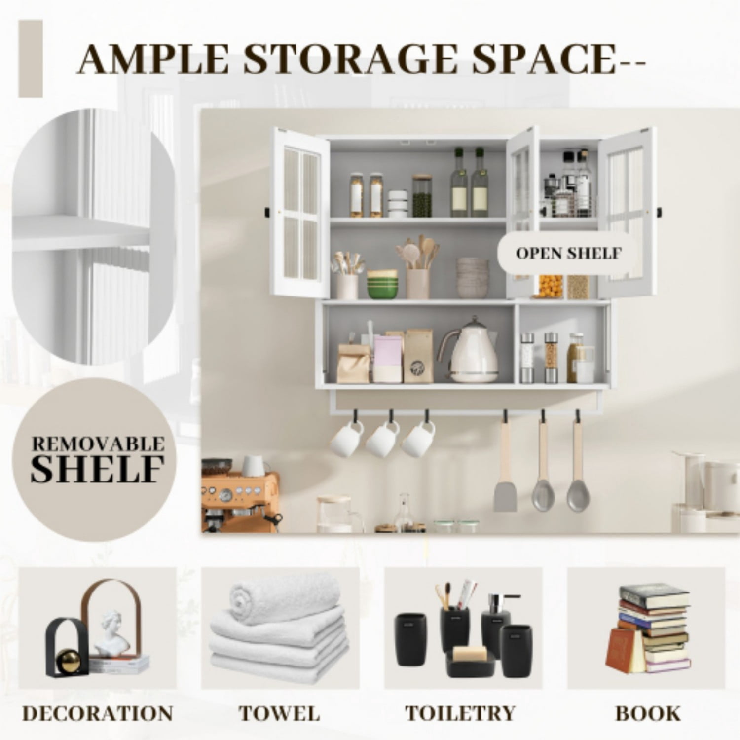 Bathroom Wall Cabinet 3 Door Storage Cabinet with Tempered Glass Doors, Open Shelf and Towel Bar, Wall Mounted Medicine Cabinet for Bathroom Entryway Living Room Dining Room, White