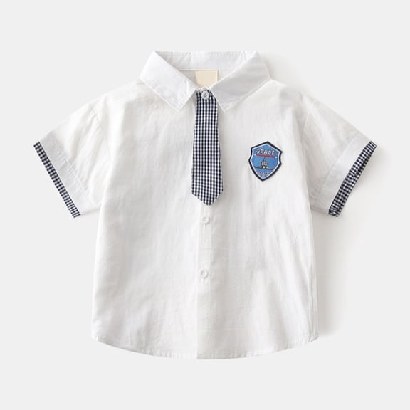Boys T Shirts Kids Plane Letter Print Short Sleeve Button Down Shirt with Tie Girls Tops White 3-4 Years
