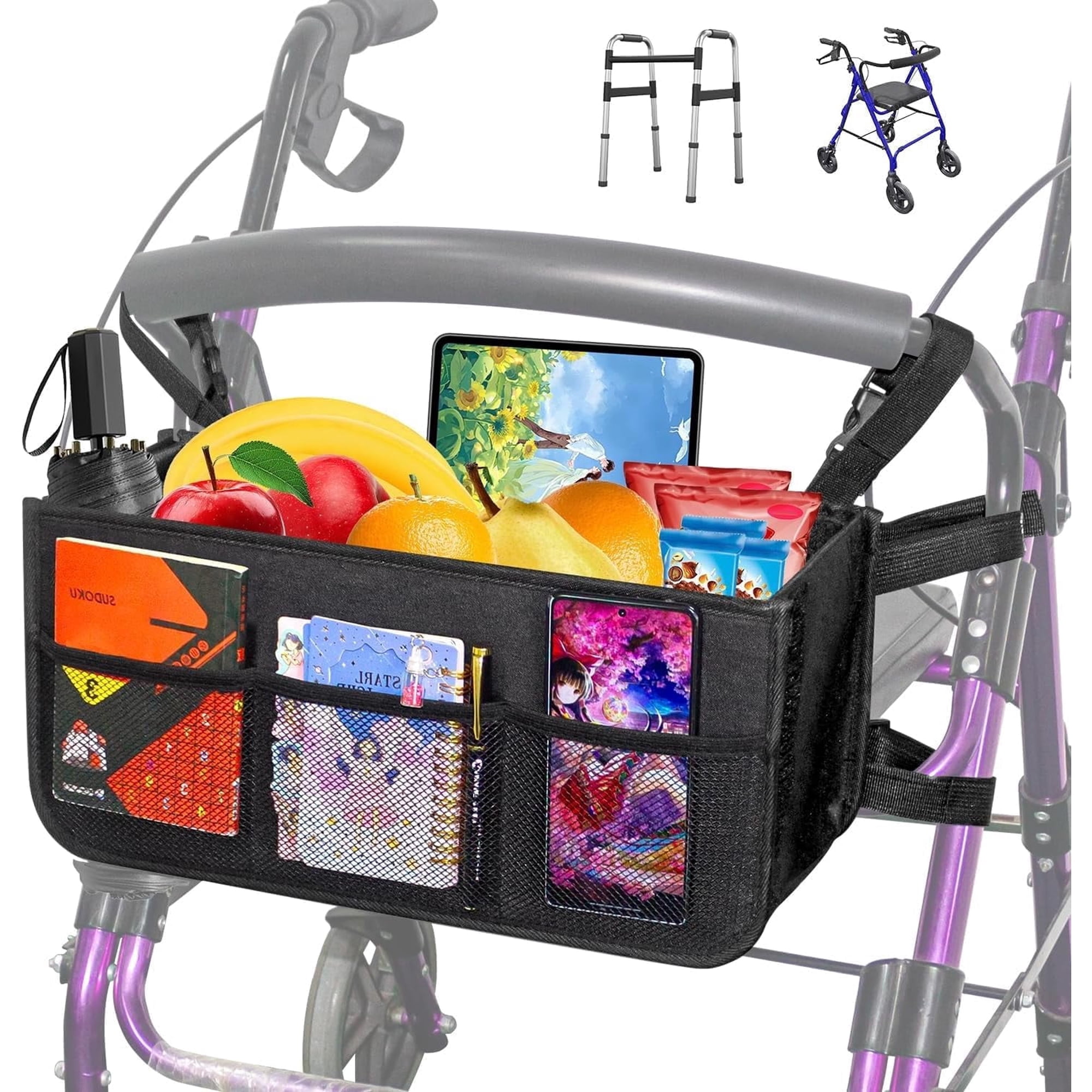 Upgrade Rollator Basket,Walker Basket Bag For Folding Walker Storage,Rollator Walker Bag Cup Holder,Large Capacity Rollator Walker Accessories Organizer (Rollator Basket only)