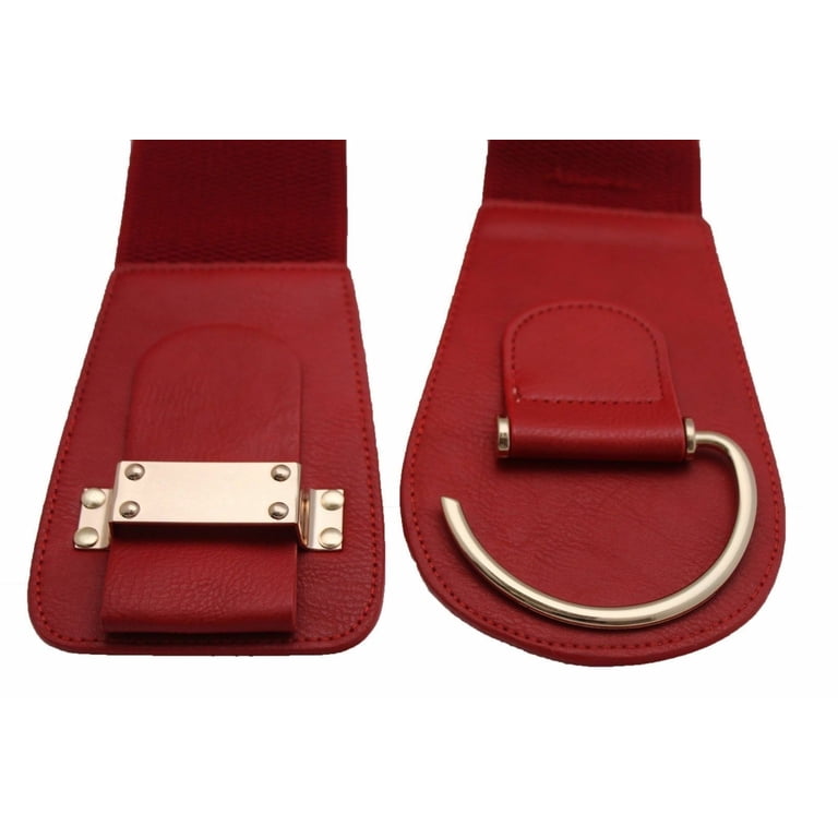 New Women True Red Color Wide Elastic Belt Gold Metal Hook  display picture 2
