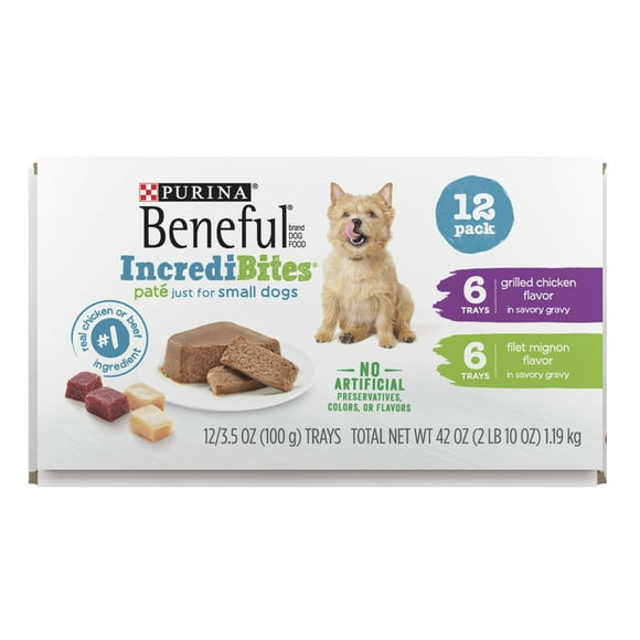 Beneful IncrediBites Pate Wet Dog Food for Small Dogs, Variety Pack Natural Flavors in Savory Gravy, 3.5 oz Tub (12 Pack)