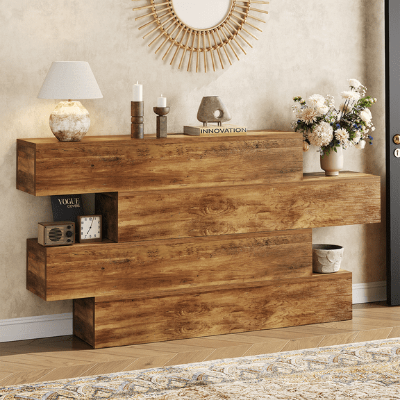 63-inch Long Farmhouse Console Table with Storage 4-Tier Shelves, Rustic Wooden Sofa Table, Unique Behind Couch Table, Entryway Table for Hallway, Foyer, Living Room, Walnut