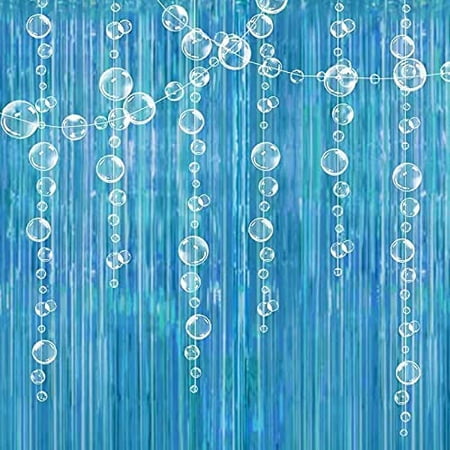 Ocean Blue Tinsel Foil Backdrop Hanging White Bubble Garland Decoration