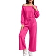 thumbnail image 3 of Women 2 Piece Off Shoulder Sweatshirt Sets, Long Sleeve Loose Top,Drawstring High Waist Wide Leg Pant with Pockets,Solid Color Casual Loungewear Tracksuit for Spring Fall, 3 of 6