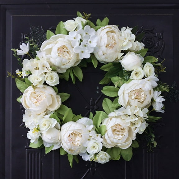 Artificial White Peony Floral Wreath, 15.7'' Silk Spring Summer Fall Winter Wreaths for Outdoor Front Door Indoor Wedding Wall Window Décor