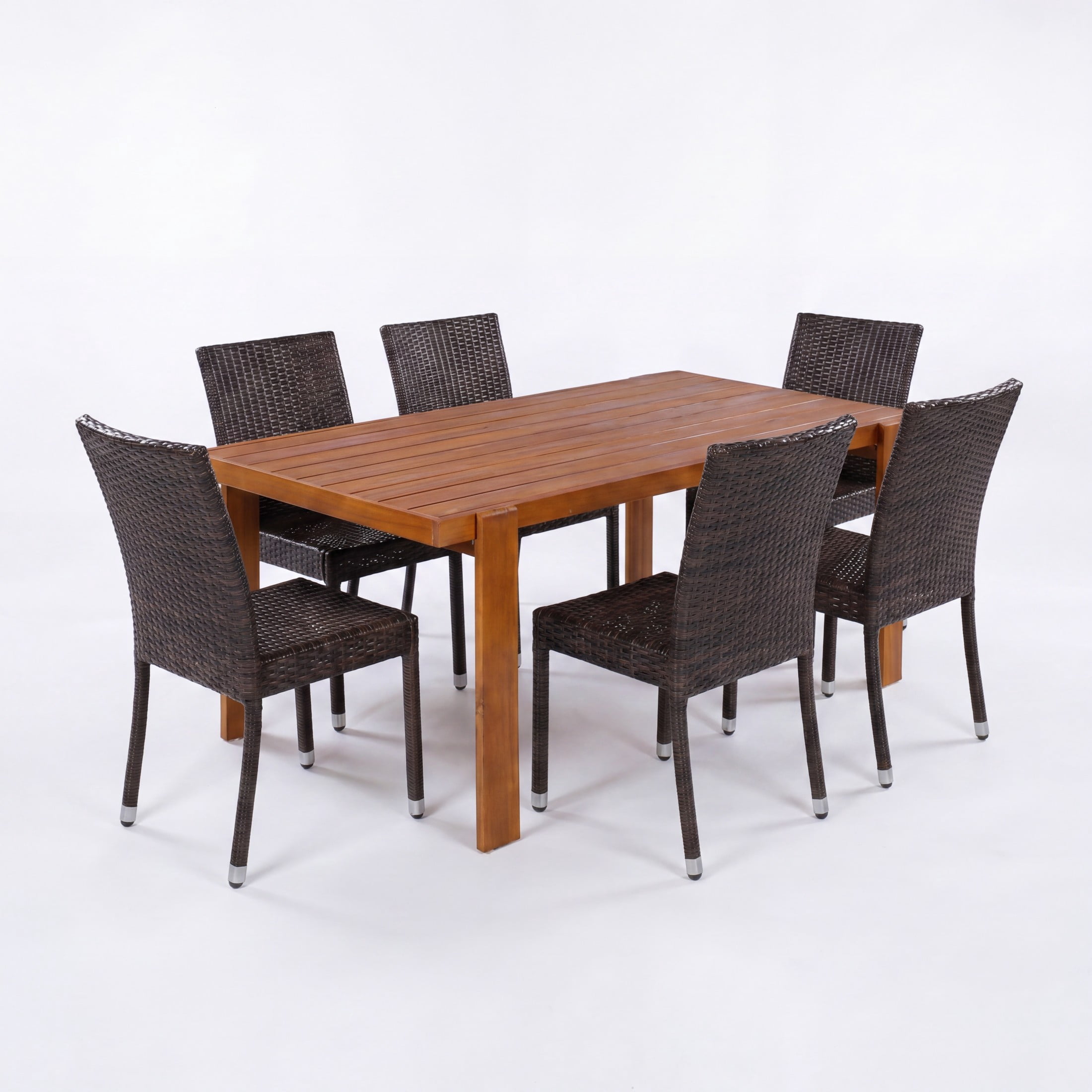 Christopher Knight Home 7-Piece Modern Outdoor Dining Set, Wood Table and Wicker Armless Chairs, Teak+Dark Brown