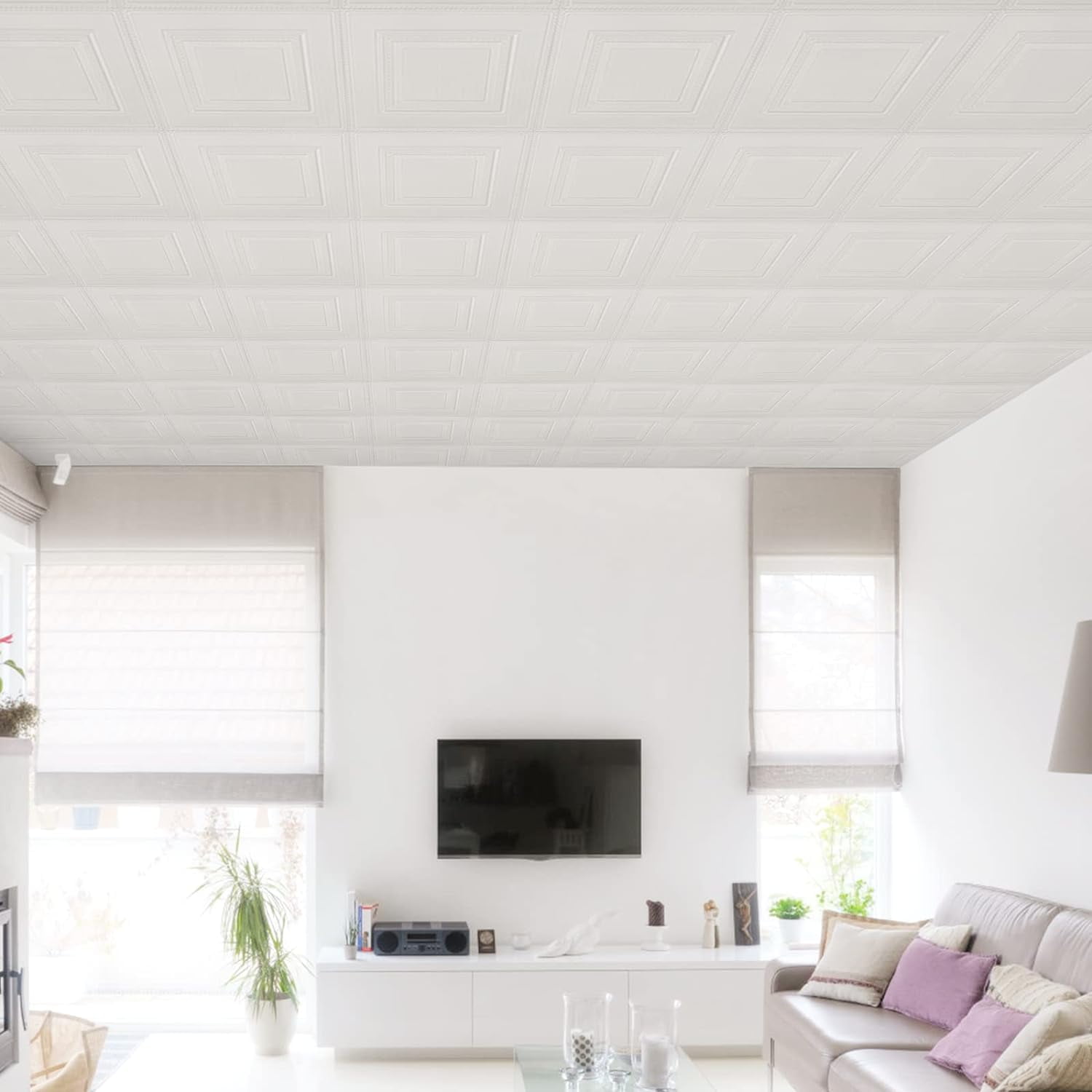 Abyssaly Peel and Stick Ceiling Tiles, 16 Pack, Covered 21 Sq.Ft, Easy to Install for Ceiling and Wall, Plain White（13.8 x 13.8 inch）